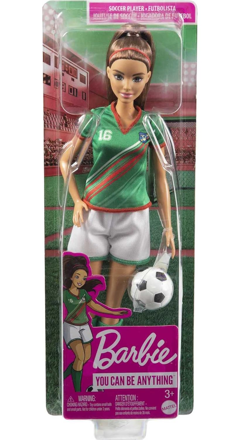 BARBIE® SOCCER DOLL, BRUNETTE PONYTAIL, COLORFUL 16 UNIFORM, SOCCER BA