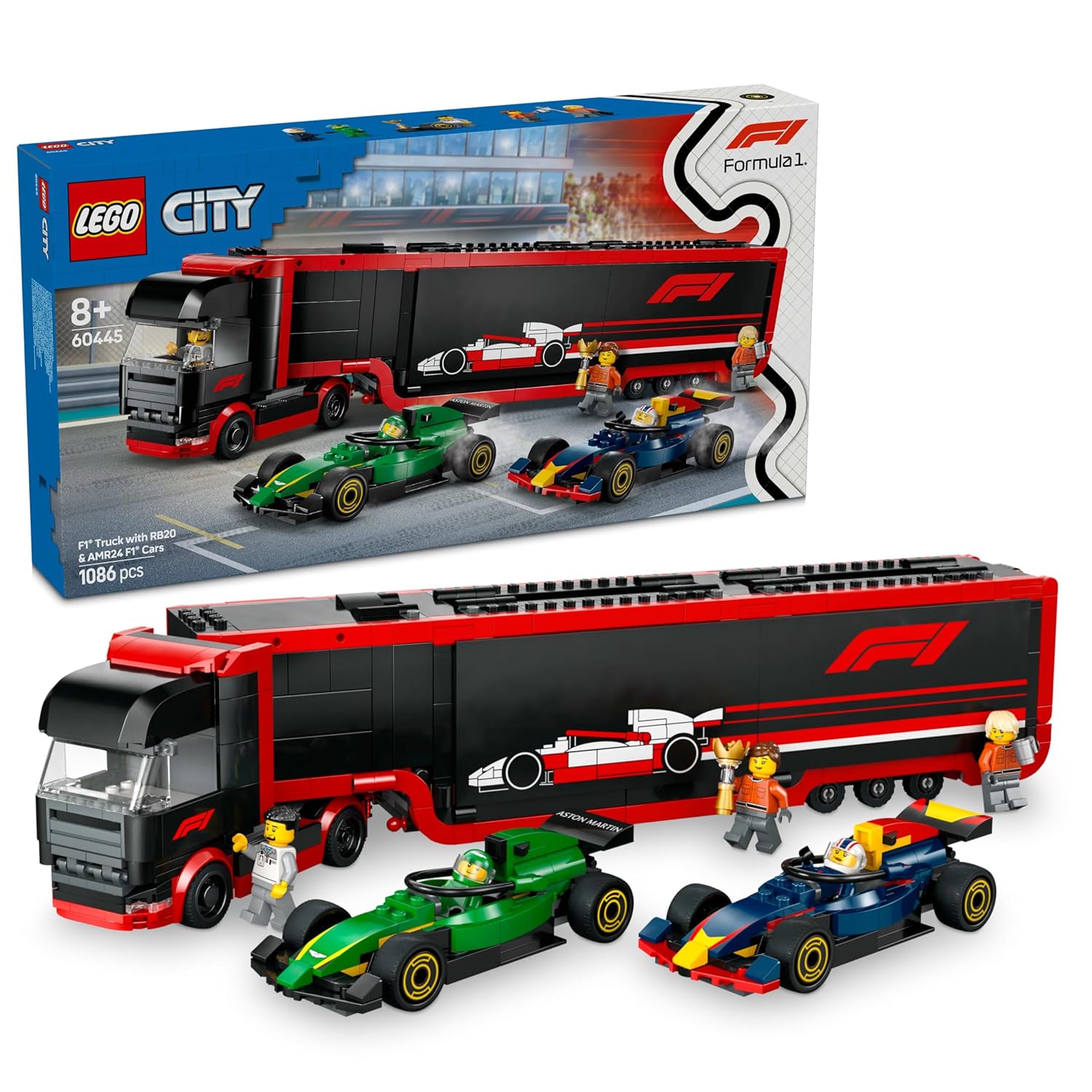 LEGO CITY F1 TRUCK WITH RB20  AMR24 F1 CARS TOY RACE 60445