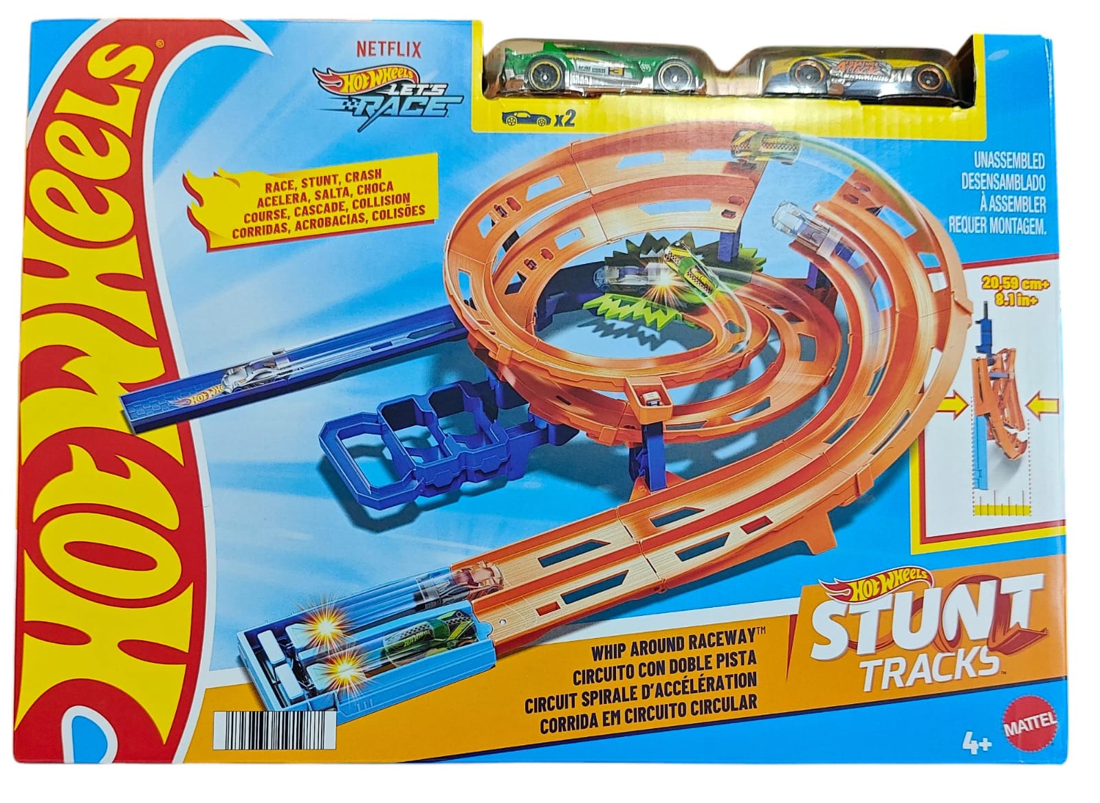 HOT WHEELS TOY CAR TRACK SET, WHIP AROUND RACEWAY, 2 TOY CARS HTK 17