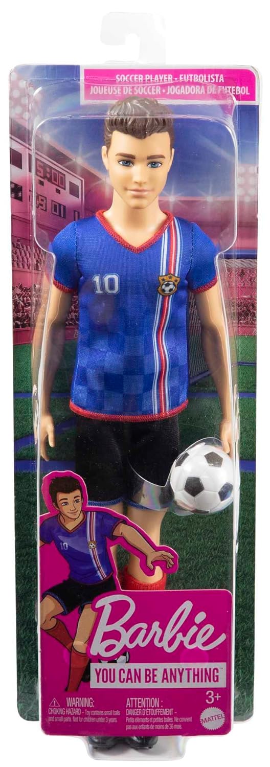 KEN SOCCER DOLL, CROPPED HAIR, COLORFUL 10 UNIFORM, SOCCER BALL