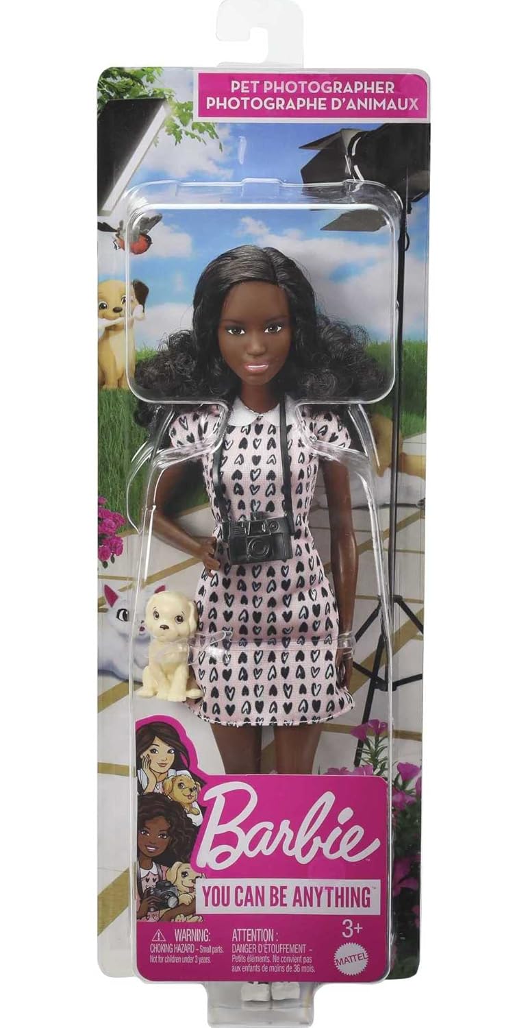 BARBIE PHOTOGRAPHER DOLL PETITE BRUNETTE, HEART-PRINT DRESS 