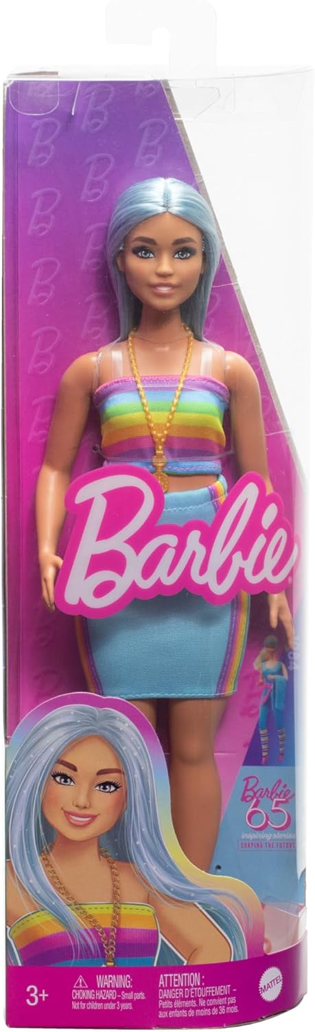 BARBIE FASHIONISTAS DOLL WITH LONG BLUE HAIR, RAINBOW TOP 